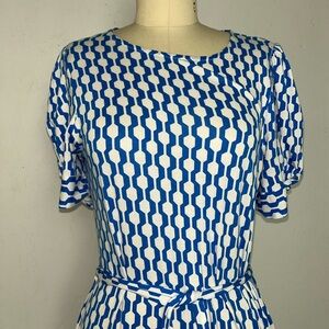 Boden Blue & White Geometric Print Belted Jersey Midi Dress – Size 4